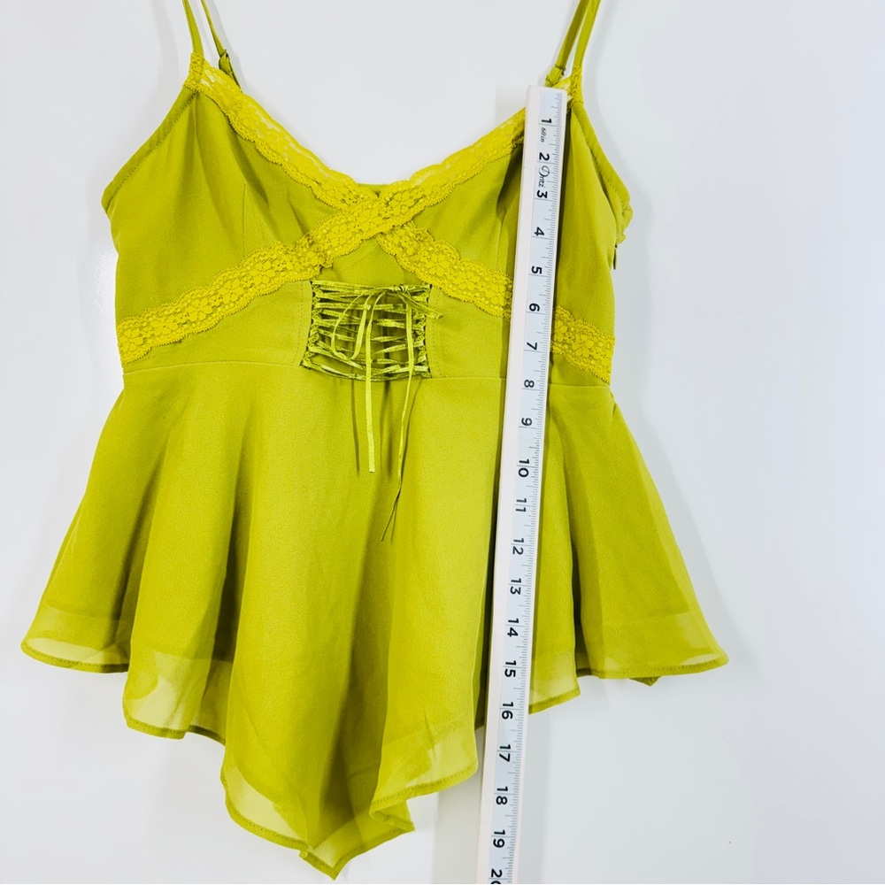 Forever 21 Y2K Green Lace Trim Babydoll Camisole Top Small Asymmetrical Fairy - Picture 7 of 8